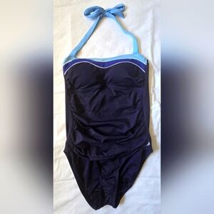 Nautica Women's One Piece Large Swimsuit - Navy and Light Blue Padded Bra